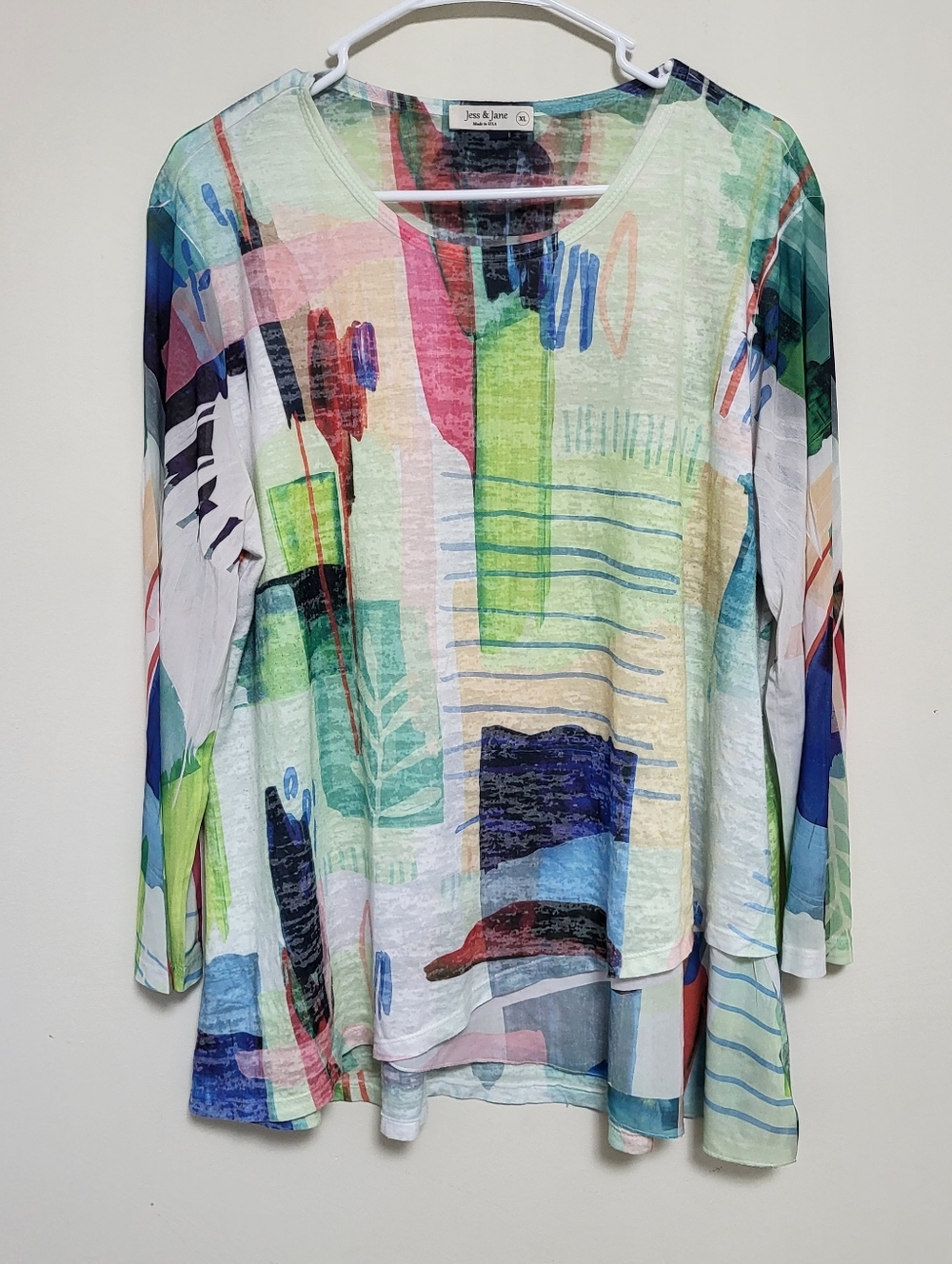 Jess & Jane Shirt Womens XL Colorful Abstract Tunic Top Made in USA Art To Wear